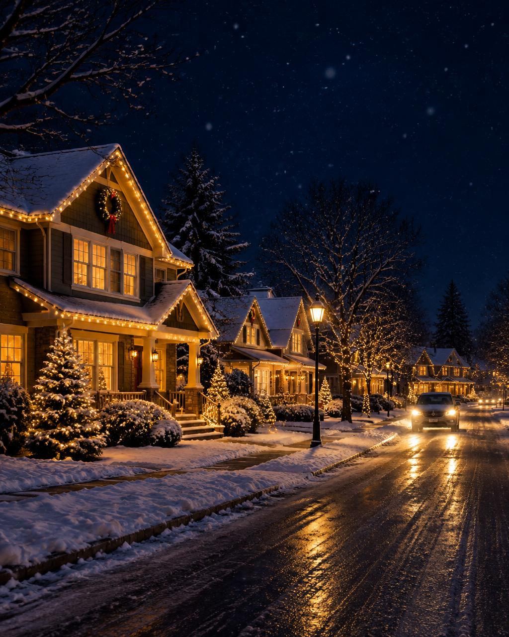 Street of houses glowing with Christmas lights